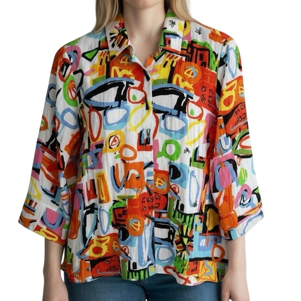 Ali Miles PM Petite Medium Vibrant Multicolor Wearable Art Blouse Shirt Top